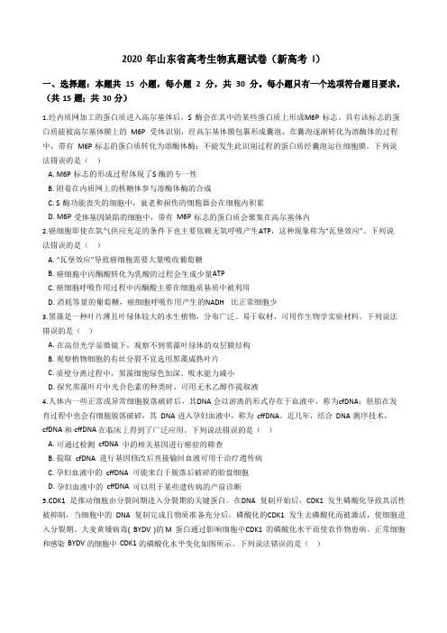 2022年山东省高考生物真题试卷(新高考I)(+答案+解析)