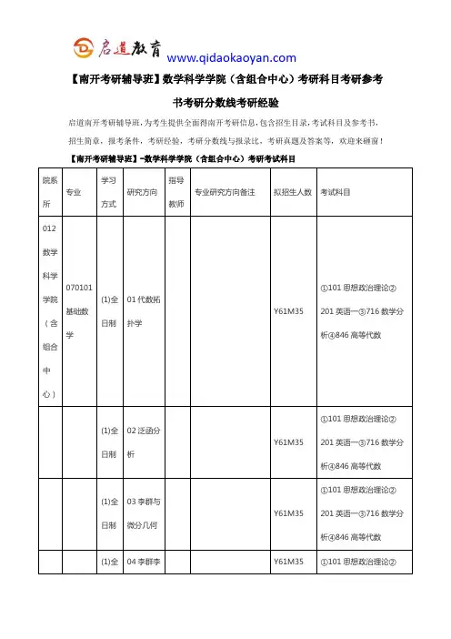 【南开考研辅导班】数学科学学院(含组合中心)考研科目考研参考书考研分数线考研经验