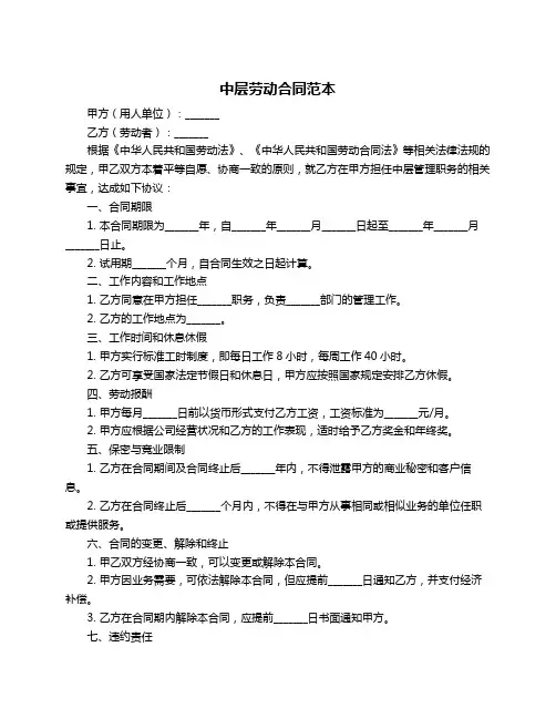 中层劳动合同范本