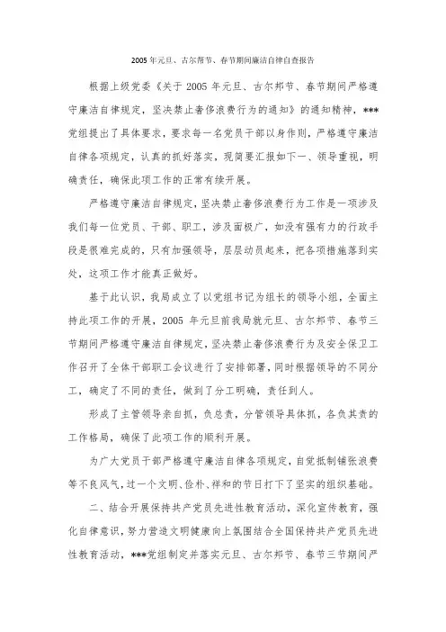 2005年元旦、古尔帮节、春节期间廉洁自律自查报告