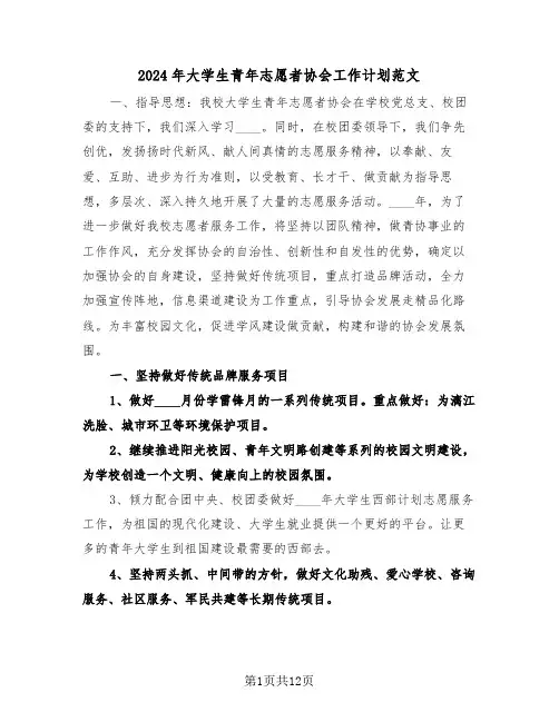 2024年大学生青年志愿者协会工作计划范文(三篇)