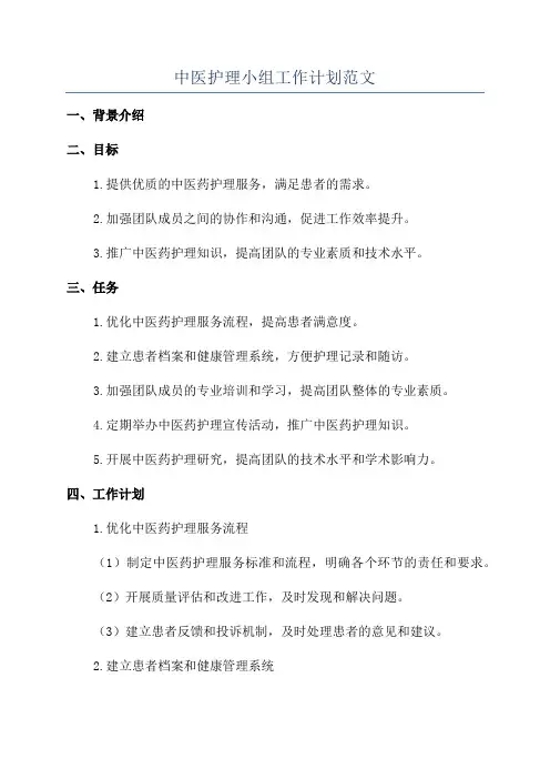 中医护理小组工作计划范文
