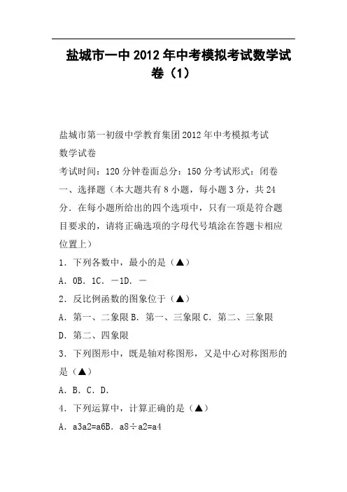 盐城市一中中考模拟考试数学试卷