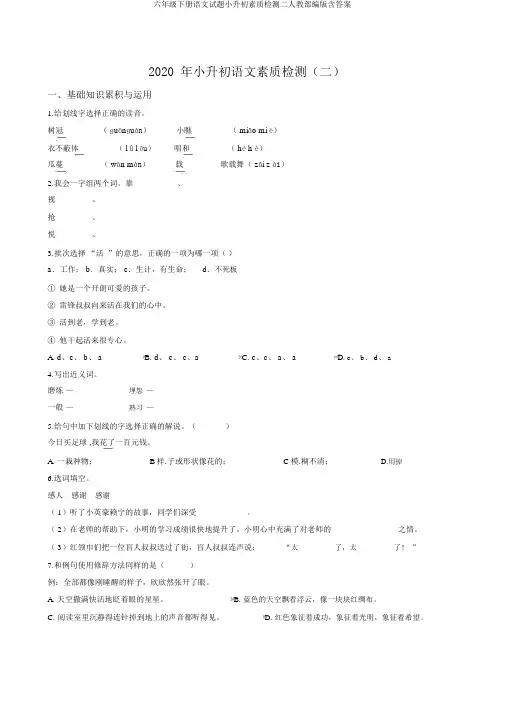 六年级下册语文试题小升初素质检测二人教部编版含答案