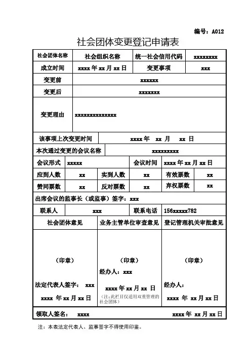 社会团体变更登记申请表 -示例样本