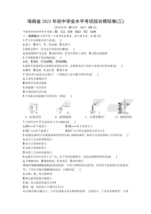 2023年海南省初中学业水平考试综合模拟化学试卷(三)(含答案)