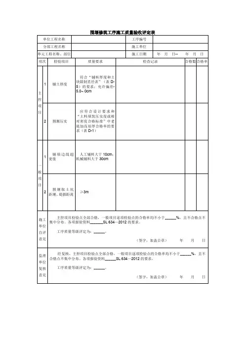 围堰修筑工序施工质量验收评定表