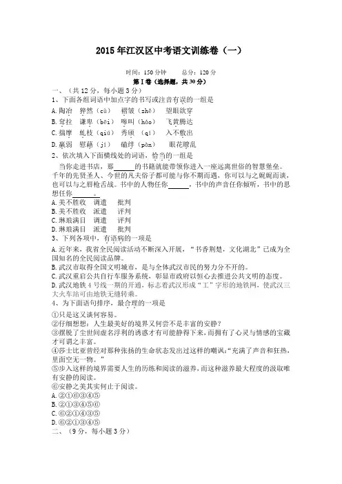 中考专题  江汉区 语文训练卷(一)