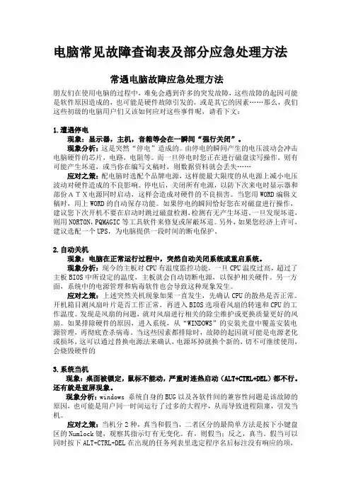 电脑常见故障查询表及部分应急处理方法