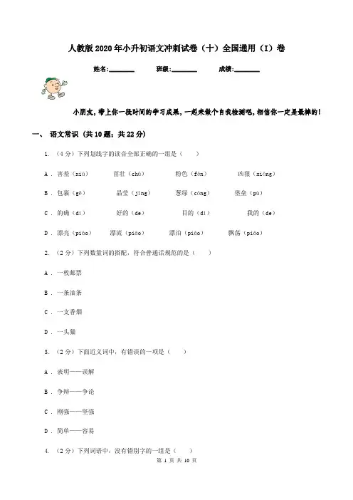 人教版2020年小升初语文冲刺试卷(十)全国通用(I)卷