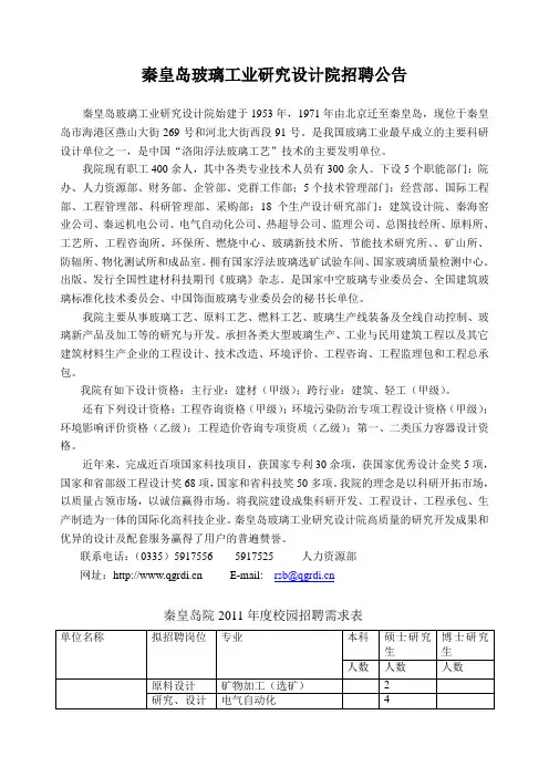 秦皇岛玻璃工业设计院招聘