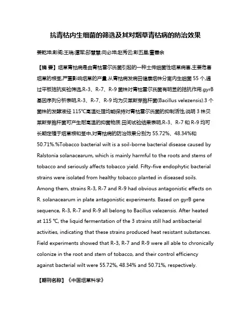 抗青枯内生细菌的筛选及其对烟草青枯病的防治效果