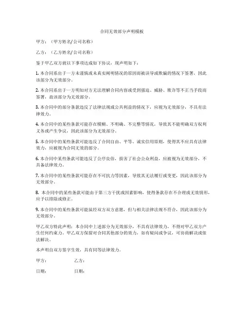 合同无效部分声明模板