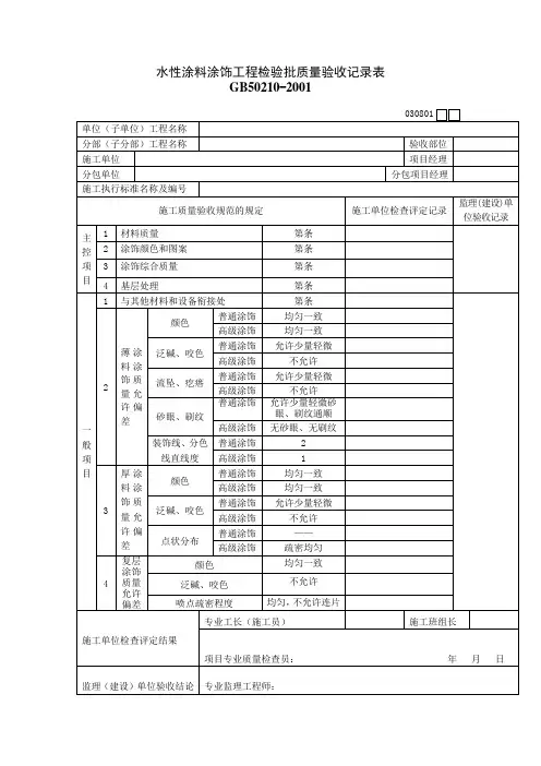 水性涂料涂饰工程检验批质量验收记录表
