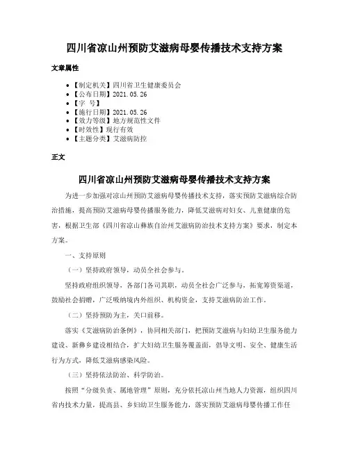 四川省凉山州预防艾滋病母婴传播技术支持方案
