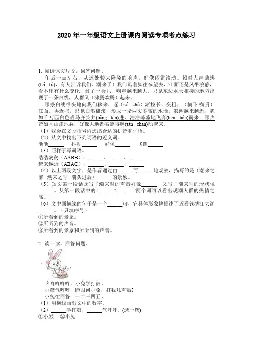 2020年一年级语文上册课内阅读专项考点练习