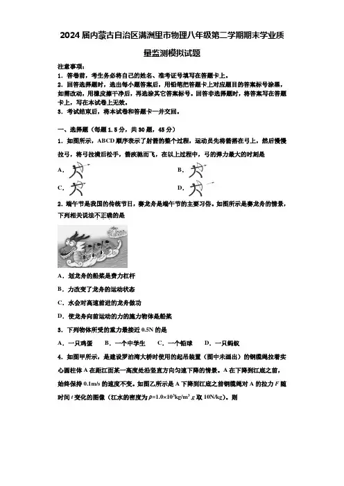 2024届内蒙古自治区满洲里市物理八年级第二学期期末学业质量监测模拟试题含解析