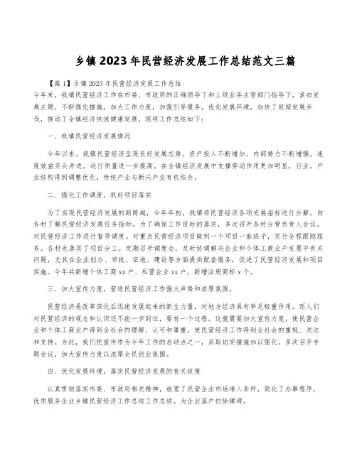 乡镇2023年民营经济发展工作总结范文三篇