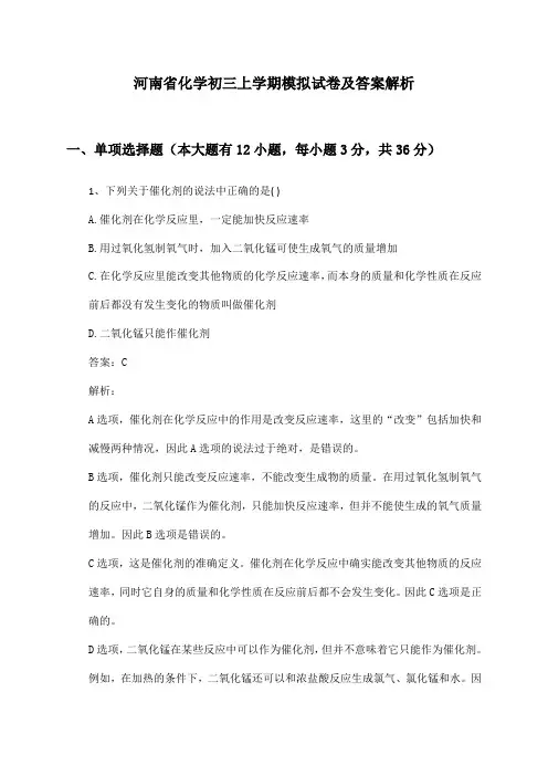 河南省化学初三上学期模拟试卷及答案解析
