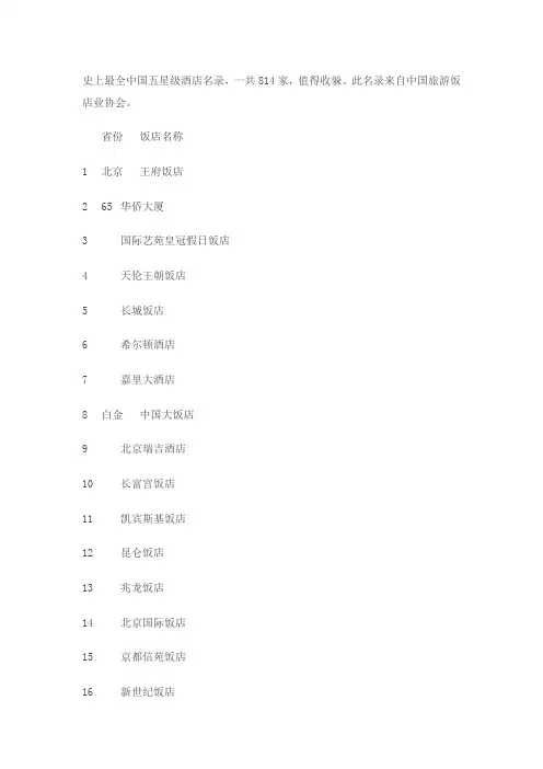 史上最全中国五星级酒店名录(814家)