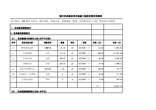 银行机房建设项目装修工程报价清单明细表