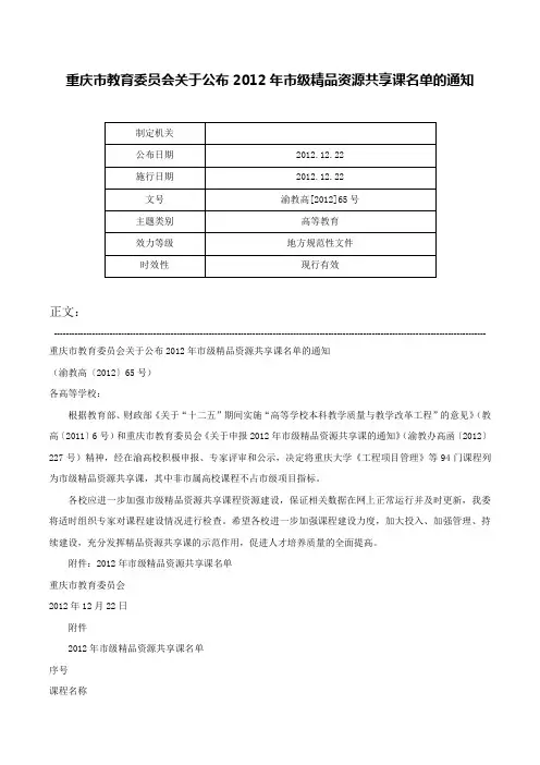 重庆市教育委员会关于公布2012年市级精品资源共享课名单的通知-渝教高[2012]65号
