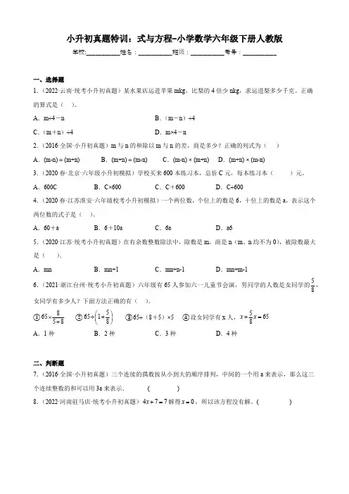 小升初真题特训：式与方程-小学数学六年级下册人教版(有答案  有解析)