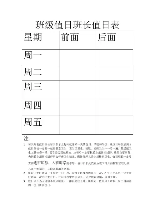 班级新值日班长表