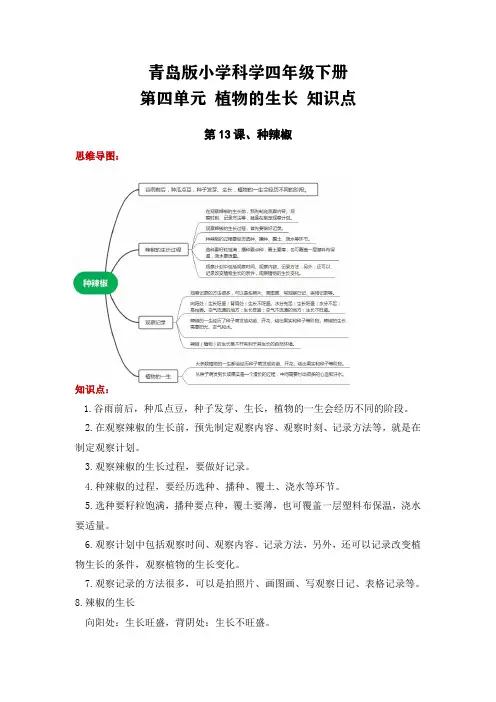 青岛版四年级科学下册第四单元 植物的生长(知识点总结))