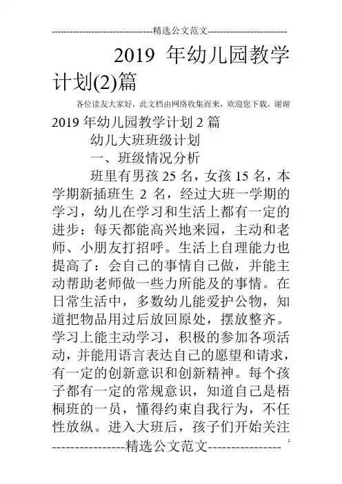 2019年幼儿园教学计划(2)篇
