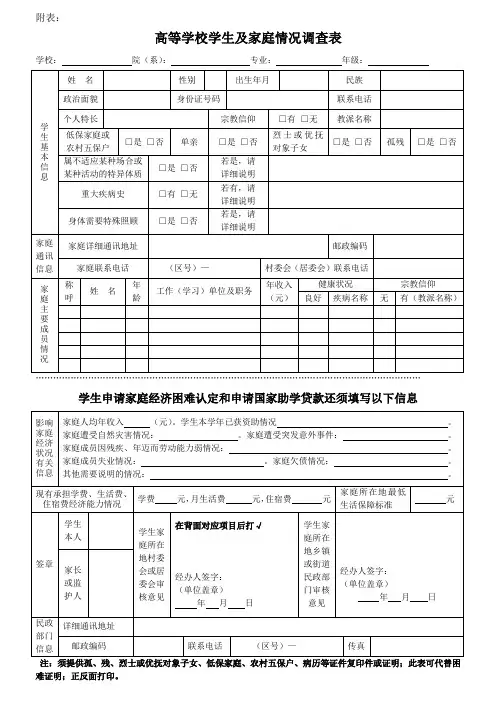 高等学校学生及家庭情况调查表