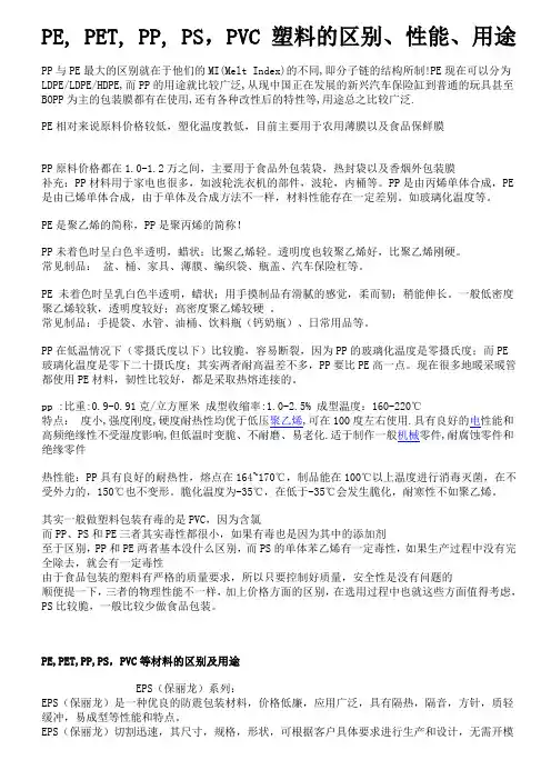 PE, PET, PP, PS,PVC 塑料的区别、性能、用途