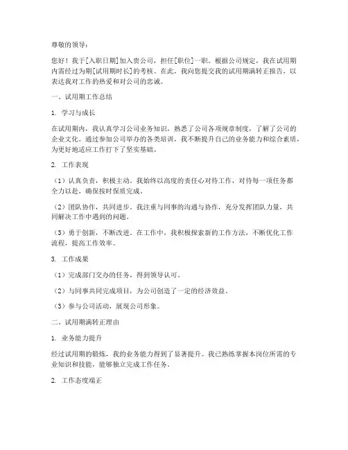 领导试用期满转正报告