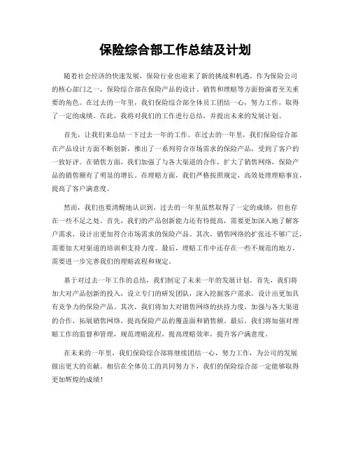 保险综合部工作总结及计划