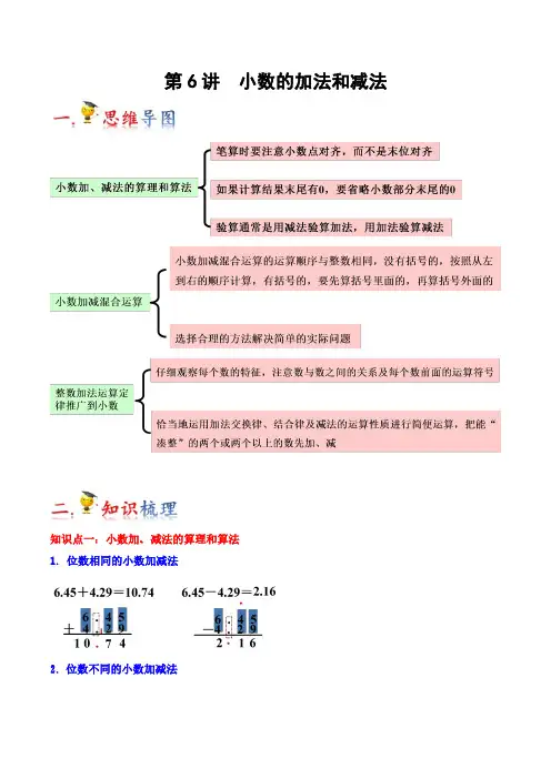 人教部编版 四年级 数学 下册 预习资料(知识梳理+举一反三) 第6讲小数的加法和减法(原卷版)