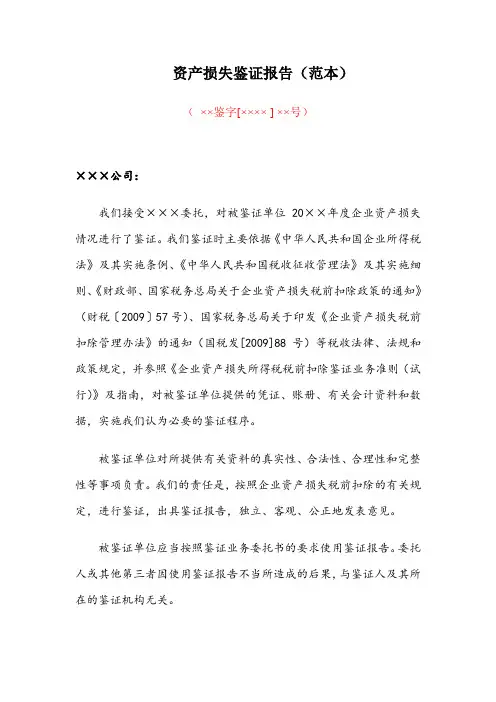 资产损失鉴证报告(范本)