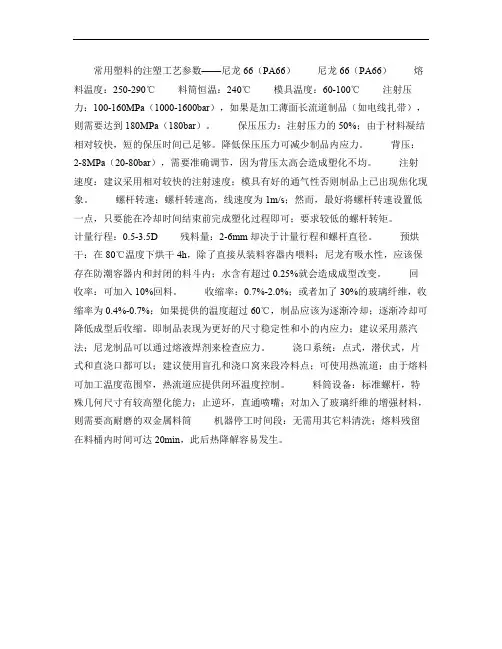 常用塑料的注塑工艺参数――尼龙66(精)