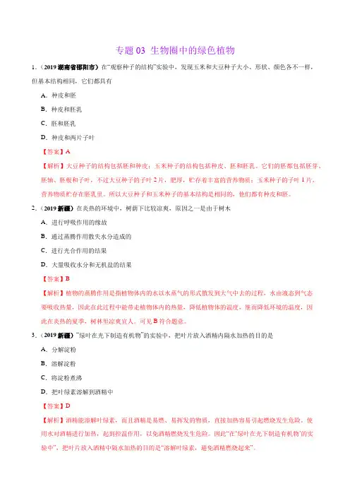专题03 生物圈中的绿色植物(第01期)-2019年中考真题生物试题分项汇编(解析版)