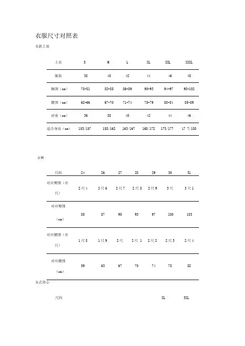 衣服尺寸对照表