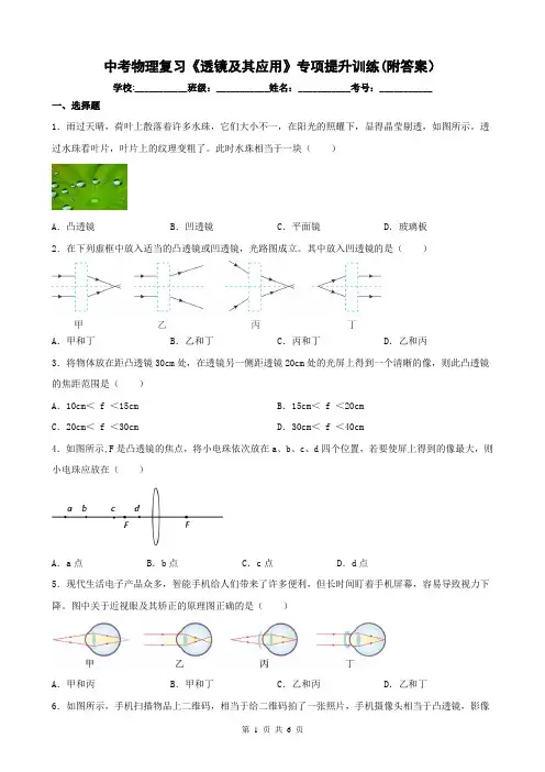中考物理复习《透镜及其应用》专项提升训练(附答案)