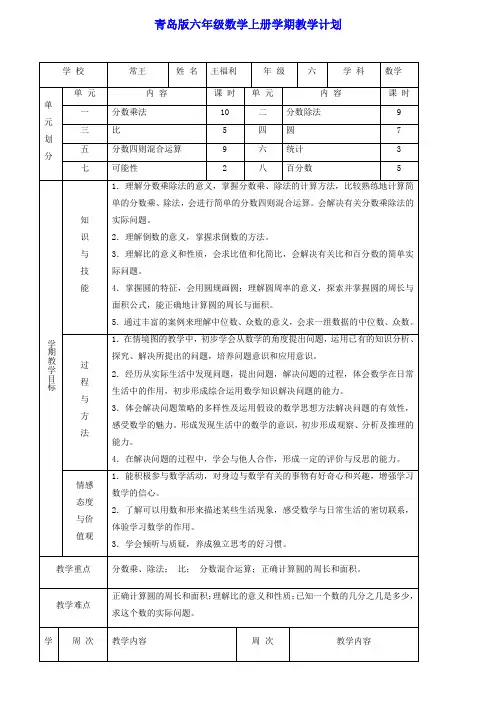青岛版小学数学六年级上册全册教案