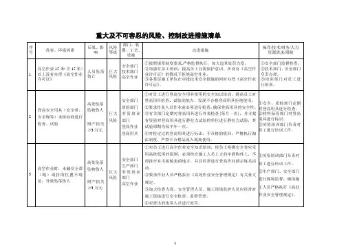 重大及不可容忍的风险、控制改进措施清单