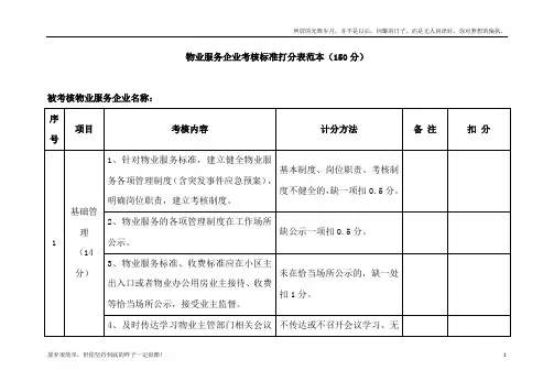 物业服务企业考核标准打分表范本(150分)(新)