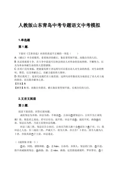 人教版山东青岛中考专题语文中考模拟试卷及解析