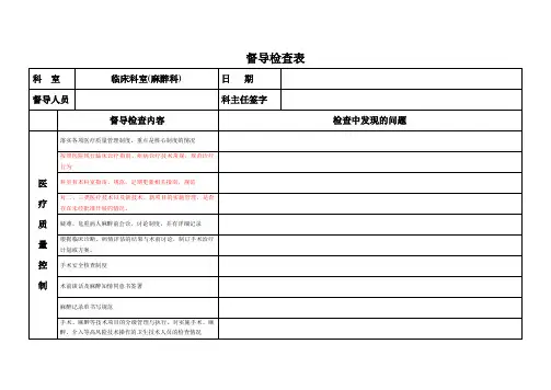 医务科督导检查表(麻醉科)