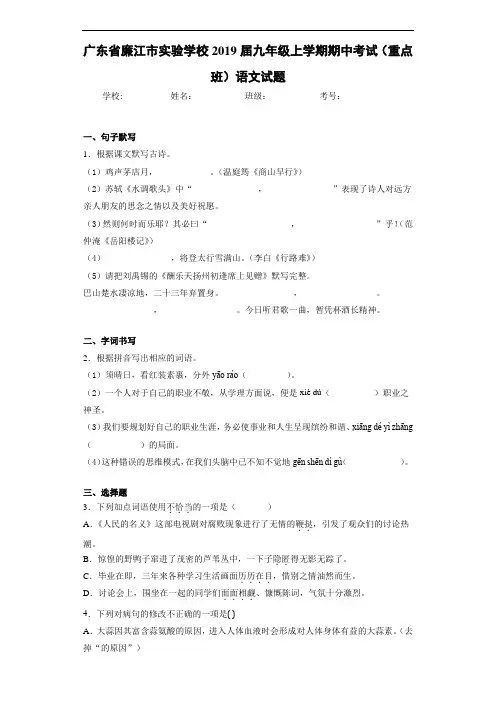 广东省廉江市实验学校2019届九年级上学期期中考试(重点班)语文试题