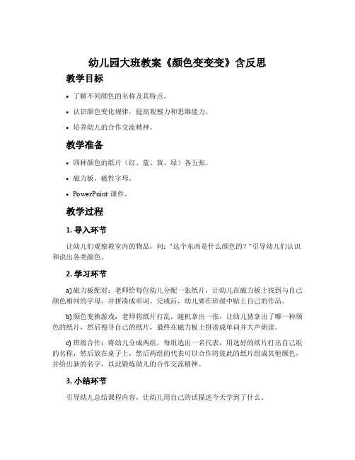幼儿园大班教案《颜色变变变》含反思