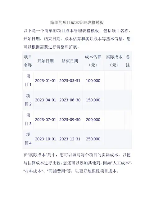 简单的项目成本管理表格模板