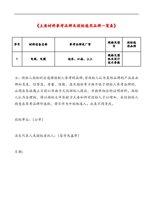 《主要材料参考品牌及投标选用品牌一览表》