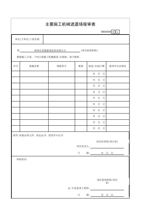 主要施工机械进退场报审表